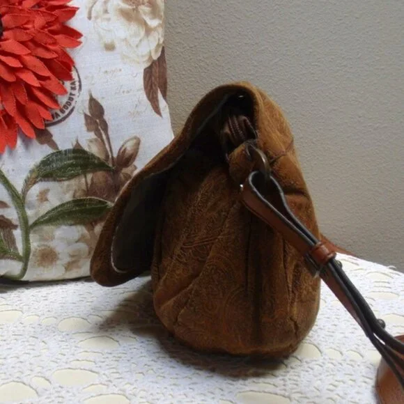 Coldwater Creek Suede Leather Brown Paisley Crossbody Bag - Picture 8 of 10